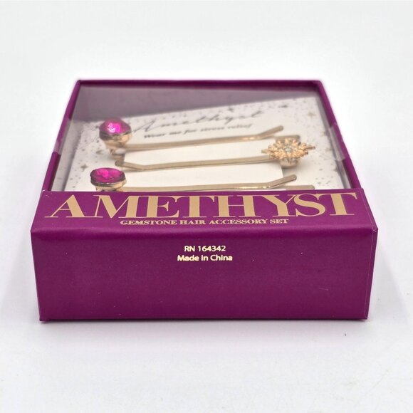 Bon Voyage 3-Piece Amethyst Gemstone Hair Accessory Set Bobby Pin Lab Made Stone - Picture 2 of 6